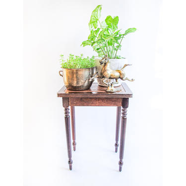 Small Solid Wood Table with Brown Leather Accenting 