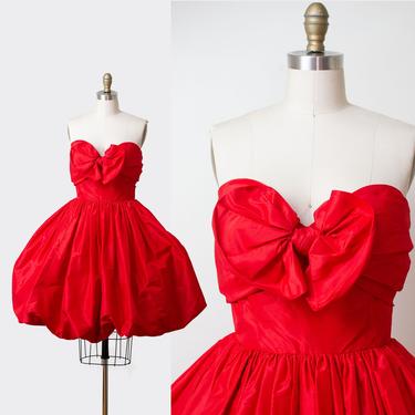 1980s Oscar de la Renta Dress / 80s Red Silk Bubble Hem Strapless Dress 