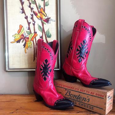 BOOT CAMP Vintage 90s Boots | 1990s Justin Western Red and Black Leather Inlay Boots | Cowgirl, Southwestern, Boho, Festival | Womens Size 7 