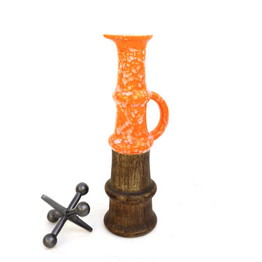 Mid-Century Modern Orange Splatter &amp; Faux Bois Pottery Art Display Vase | Single Handle Ewer | Large Statement Size Pitcher 