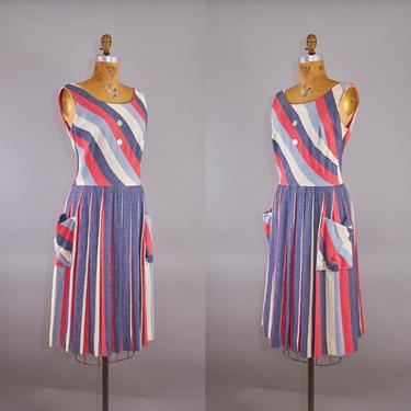50s Linen Dress Striped Full Skirt Dress 