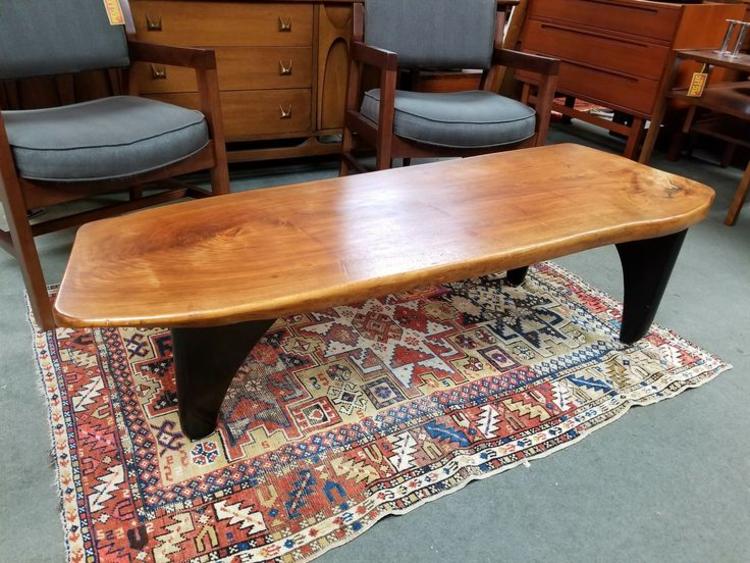 Mid-Century live edge coffee table with rudder style base