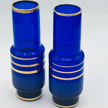 Vintage Pair of Vases  Blue Gold Ring Stripe Design Glass- Great condition 