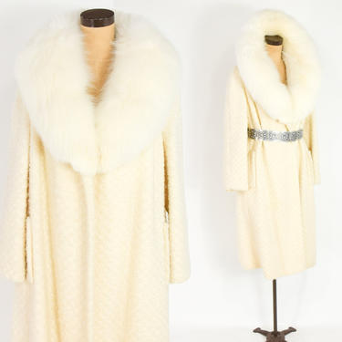 1950s Creme Wool Fox Fur Coat | 50s Creme Wool Textured Swing Coat | Mr J. K. | Large 
