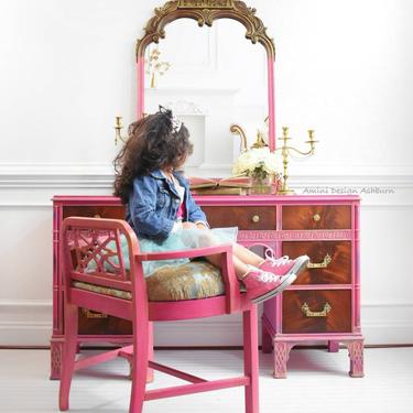 Available - Vanity, Desk, Makeup station, princess, Mirror, Chair - Pink, Blue, Brown, Girl, Painted Furniture, Vintage 