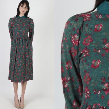 Laura Ashley Dress / Emerald Green Holiday Floral Dress / Tiny Scallop Roll Collar / Vintage 80s Red Floral Romantic Lawn Midi US 6 UK 8 