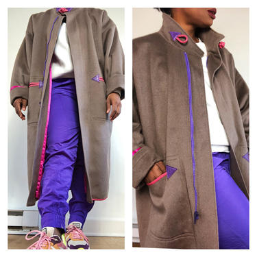 Vintage 1980s 1990s 80s Wool Leather Trim Coat Pink Satin Lined Purple Zipper Color Block Tan Minimal Minimalist Wearable Art Large XL 