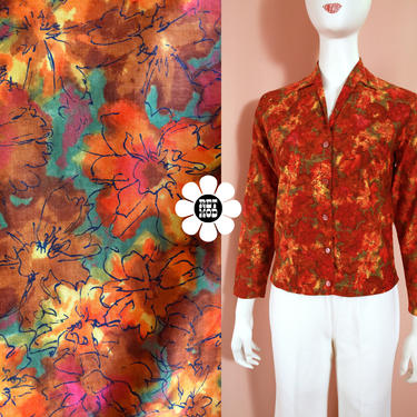 So Pretty Vintage 50s 60s Orange Colorful Abstract Floral Patterned Cotton Blouse 