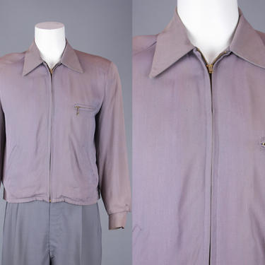 1950s Gabardine Ricky Jacket | Vintage 40s 50s Men's Dusty Purple-Grey Casual Jacket | Small / Medium 