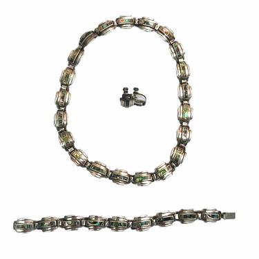 Vintage Taxco Sterling Silver Abalone Necklace Bracelet Earring Set 