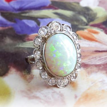 NOT FOR SALE--Installment Payment 2of5 Due 10/13----Antique Natural Australian Opal &amp; Old Cut Diamond Filigree Ring 18k White Gold 