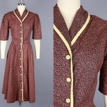 1950s COTTON Shirtwaist Dress | Vintage 40s 50s Day Dress with Tiny Vine Print | xl volup 
