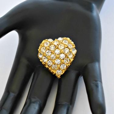 80's rhinestones gold plated metal big puffy heart bling brooch, fabulous crystal studded nugget style sweetheart sparkle statement pin 