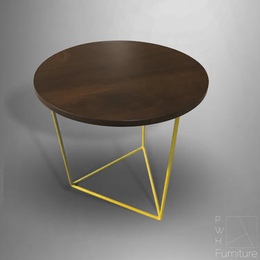 Modern End Table with Round Walnut Top and  Yellow Triangle Steel Base, Geometric Side Table, Handcrafted 