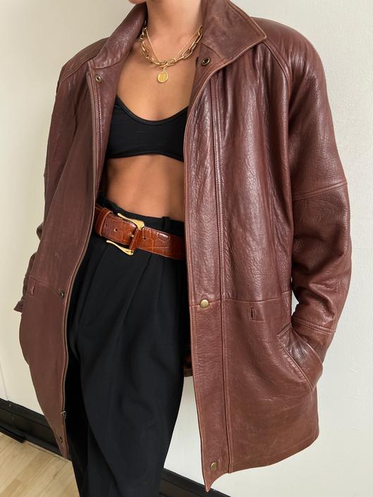 Vintage Chocolate Brown Soft Leather Coat