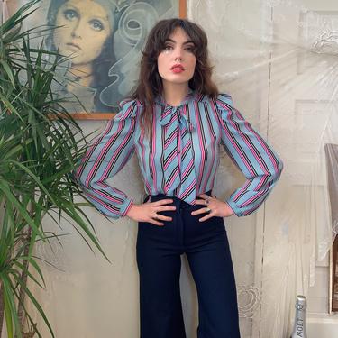 70’s CANDY STRIPED BLOUSE - long ties - white, teal, blue, magenta and black - small/medium 