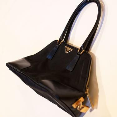 Vintage PRADA Nylon and Leather Shoulder Bag with Gold Hardware + Lock Tessuto Vela Black Y2K Minimal Hobo 