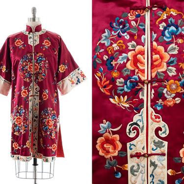 Vintage Duster Jacket | Silk Floral Embroidered Chinese Eggplant Purple Robe Coat (large) 
