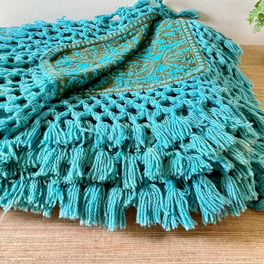 Vintage Bedspread Throw with Fringe - Blue Boho Style Throw - Aqua Turquoise Olive Brown - Full/Queen Bedspread 
