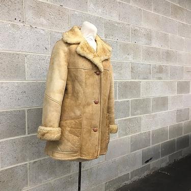 Vintage Shearling and Faux Fur Coat Retro Unisex Size 12 Tan Long Sleeve Button Up Heavy Winter Jacket with Initials Inside 