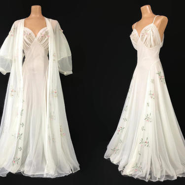 VINTAGE 50s White Sheer Chiffon Sweetheart Peignoir Set Lantern Sleeves | 1950s Rose Embroidered Nightgown &amp; Robe | Wedding Bridal Lingerie 