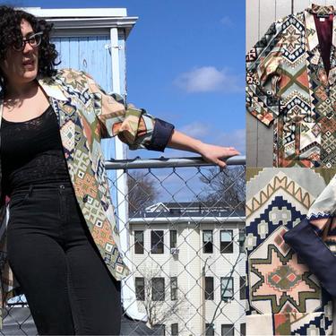 1980s Vintage Geometric Print Oversized Blazer - Peach, Navy, &amp; Beige Rayon Jacket - Women’s Medium/Large by HighEnergyVintage