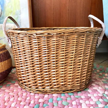 Vintage Medium Basket - Adorable Small Laundry Basket w Suede Leather Handles - Medium Blanket or Storage Basket - Kids Small Hamper Basket 