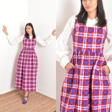 Vintage 1970s Dress / 70s Quilted Cotton Plaid Maxi / Purple Red White ( small S ) 