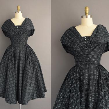 1950s vintage dress | Black &amp; Blue Sweeping Full Skirt Short Sleeve Cocktail Party Dress | Large | 50s dress 