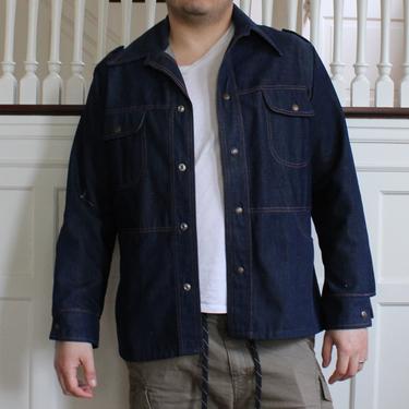 Vintage 70s Dark Blue Denim Utility Longline Oversized Contrast Stitch Work Shirt Jacket Unisex Size M L 