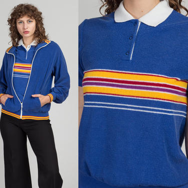 70s 80s Terrycloth Polo & Track Jacket Set - Large | Vintage Unisex Blue Striped Track Outfit 