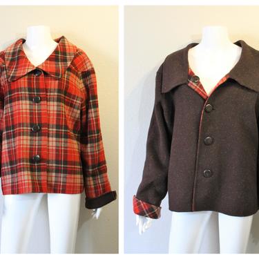 Vintage 1940s 40s Red Brown Plaid Wool REVERSIBLE Flecked Swing Coat Cuffed Sleeves Gorgeous!!  // US One Size up to 46 inch chest! 