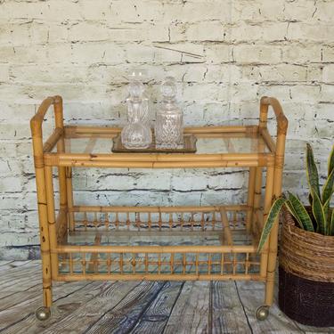 SHIPPING NOT FREE!!! Vintage Bamboo Bar Cart with glass shelves 
