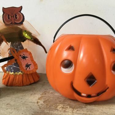 50's Halloween Jack O Lantern, Hard Orange Plastic  With Plastic Bail, Unmarked, Shy JOL,  Printed Both Sides 