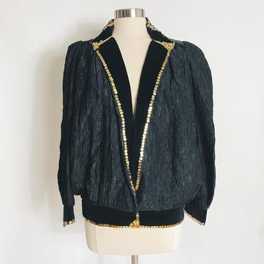 Vintage 1980s Oversized Black Crinkle  Velvet and Sequins  Embellished Jacket 