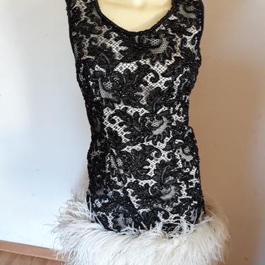 Vintage FEATHER DRESS, black lace and ostrich feathered cocktail dress, great gatsby dress, vintage roaring 20's dress, size small 
