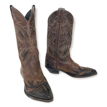 Vintage Women's CODE WEST Inlaid / Overlaid Cowboy Boots ~ size 6 1/2 M ~ Western ~ Hippie / Boho ~ Rockabilly ~ 