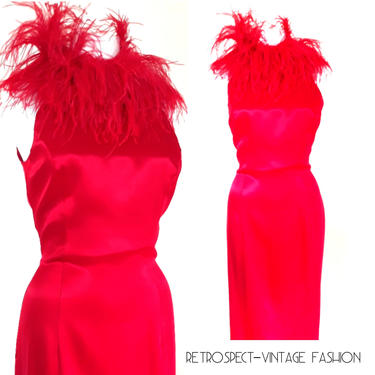 90's Vintage MARABOU FEATHER Gown, red marabou feather cocktail gown, red vintage dress, red wiggle dress, old hollywood glam dress, small 6 