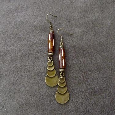 Long tribal earrings, bone horn earrings, African batik print, Afrocentric earrings, antique bronze earrings, primitive ethnic unique, 22 