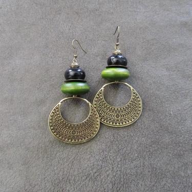 Etched bronze earrings, geometric earrings, unique mid century modern earrings, ethnic earrings earrings, bohemian earrings, statement green 