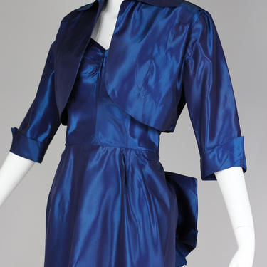 1940s Jonathan Logan Metallic Blue Taffeta Vintage Cocktail Dress 