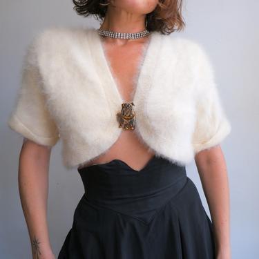 Vintage 50s Angora Cropped Shrug/ 1950s Ivory White Short Sleeve Fuzzy Sweater/Wedding Bridal/ Size Small Medium 