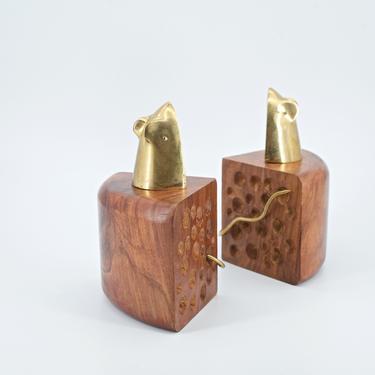 1960s Vintage Brass Rosewood Bookends Mouse Cheese Motif 