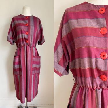 Vintage 1980s Plum Striped Day Dress / M 