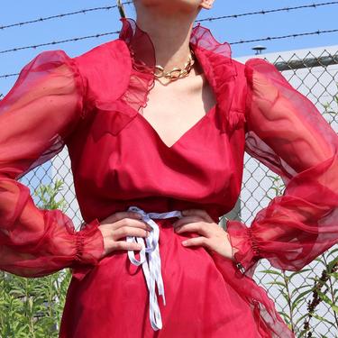 Vintage Puff Sleeve Dress / 80's Tiered Ruffle Sweetheart Maxi / Medium 