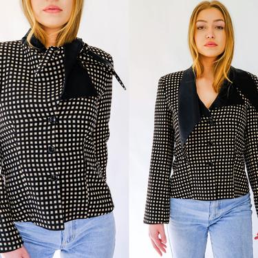 Vintage 80s Giorgio Armani Black & Tan Windowpane Asymmetrical Scarf Collar Cropped Blazer | Made in Italy | 1990s Designer Silk Wool Jacket 