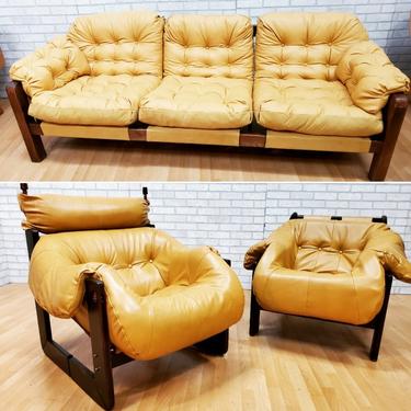 Vintage Brazilian Modern Completely Refurbished Refinished and Newly Leather Upholstered Percival Lafer Sofa Set 