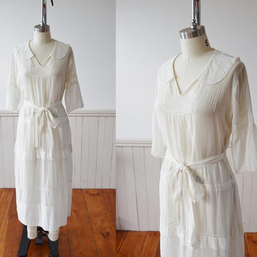 Late Teens / Early 1920s Cotton Lawn Dress | Antique Edwardian Day Dress | S 