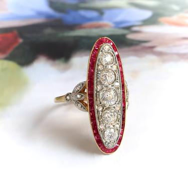 Antique Art Nouveau 1.34ctw. Diamond and Ruby Navette Ring 19K Platinum 