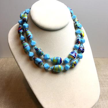 Sky blue confetti glass double strand necklace - vintage beaded jewelry 